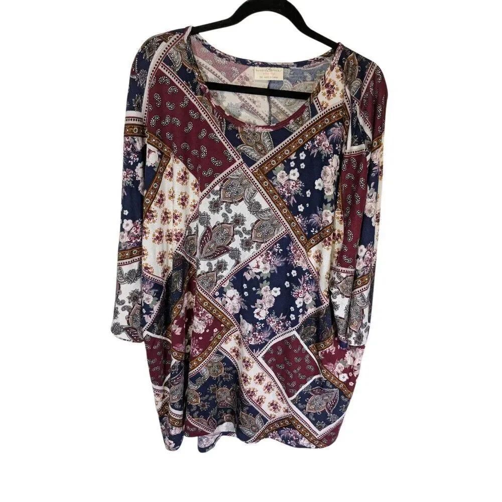 Bobbie Brooks Burgundy & Navy Paisley Patchwork 1/2 Length Sleeve Size 3X